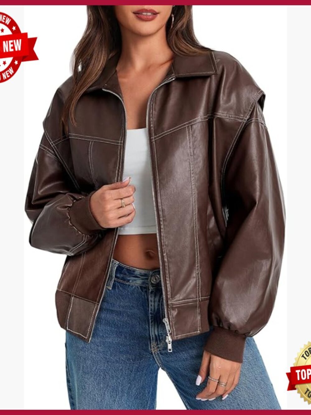 Oversized Leather Bomber Jacket with Pockets, Zip Up Motorcycle Coat